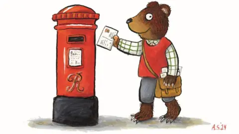 Axel Scheffler A children's illustration of a humanised bear, smiling and standing on two feet, wearing human clothes and posting a letter in a red post box