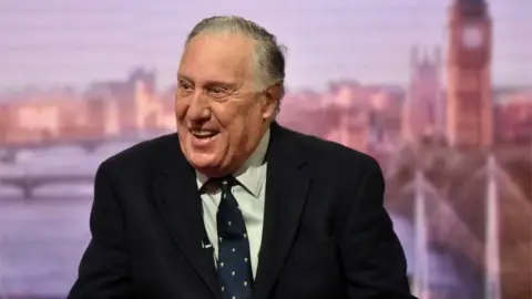 Frederick Forsyth on the Andrew Marr Show. He is looking at Marr who is off camera and smiling.