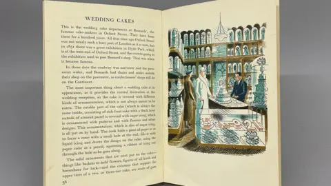 Eric Ravilious The inside of a book open, with writing to the left and to the right a painting of an inside of a cake shop, with wedding cakes on display, with two women standing in the store by a man. 