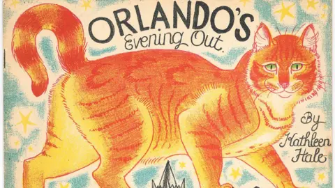 Kathleen Hale Artwork by Kathleen Hale, showing an orange cat, saying Orlando's Evening Out, there are stars around the cat and the tower top of a building, at the bottom in the middle. 