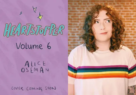 Hachette Children’s/Alice Oseman Holding cover (purple) for Heartstopper Volume 6 next to an image of Oseman looking skyward, wearing a white T-shirt with a horizontal rainbow stripe across the front. She has mid-length curly brown hair.