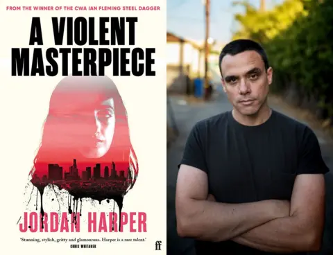 Brian Hennigan/Faber&Faber Jordan Harper book cover featuring a woman's face over a city landscape next to a photo of Harper wearing a black T-shirt
