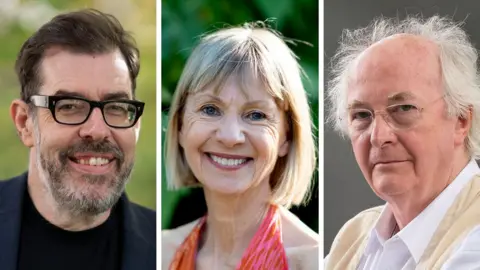 AFP via Getty Images Three separate photos of best selling authors including: Richard Osm an wearing black glasses (left), Kate Mosse (middle), and Sir Philip Pullman (right). All three are smiling. 