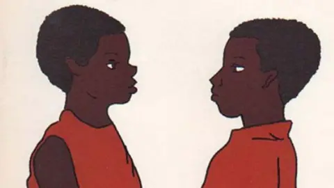 Listen To This Story! Cover illustration by Ricardo Wilkins of Getting To Know Ourselves (Bogle L'Ouverture 1972) by Phyllis and Bernard Coard. It shows a girl and a boy standing facing each other; the girl wearing a red sleeveless tunic dress and the boy wearing a red T-shirt. 