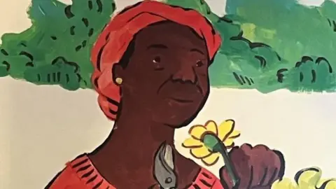 Listen To This Story! An illustration of a character from Eco Girl (Otter-Barry 2022) by Ken Wilson-Max. It shows a woman in a red dress, with a red wrap around her hair. She has secateurs in one hand and a yellow flower in the other. Behind her is a bank of green shrubs. 