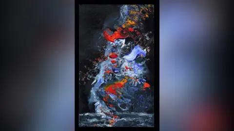 St Mary's Church/Maggi Hambling A photo of a painting by Maggi Hambling. It is made up of blue, red and yellow paint.