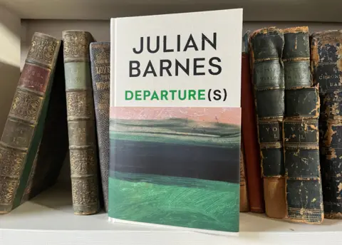 Gagosian/Suzanne Dean Front cover of Departures shows the Howard Hodgkin painting -- green landscape, above which is black, more green shades and then a pinky sky.
Book is leaning against old books on a book shelf.